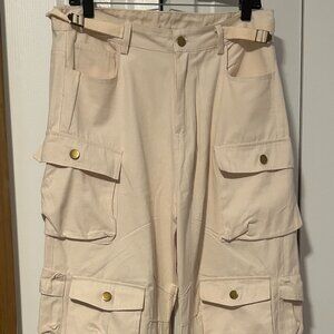 Beige Wide Leg Cargo Pants Women’s XL Mid Rise Gold Hardware NWOT